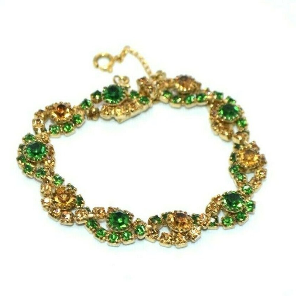 Green Topaz Glass Rhinestone Twist Gold Tone - Picture 1 of 5